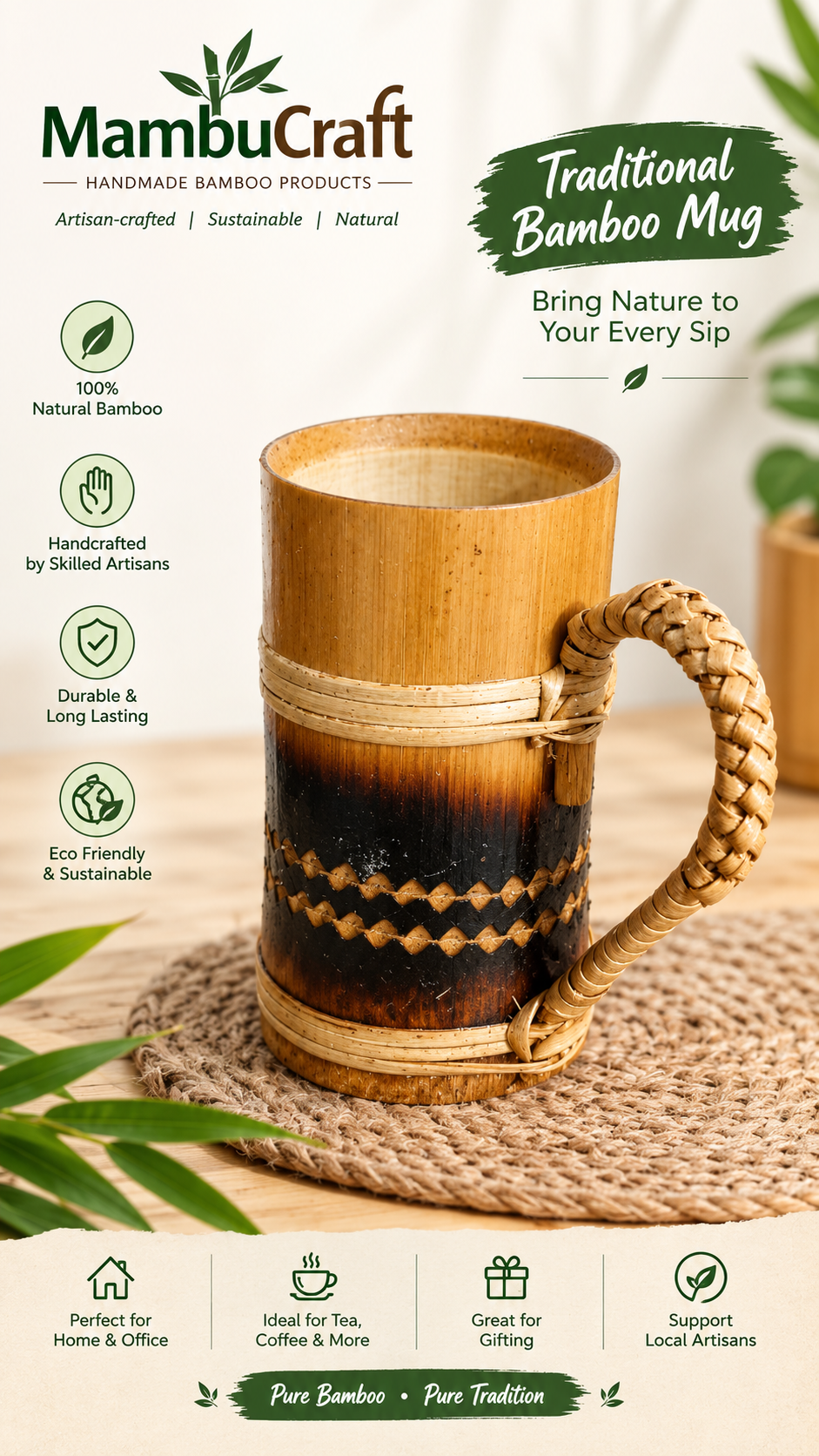 Handcrafted Bamboo Coffee Mug Size 5×3.5 inches Capacity 300 ml