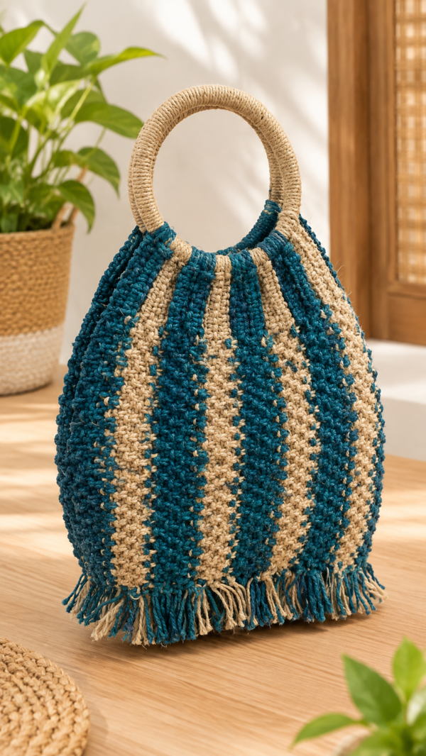 Eco-Friendly Jute Fabric Handbag for Women-Blue & Beige Handmade Tote Bag Size18x10