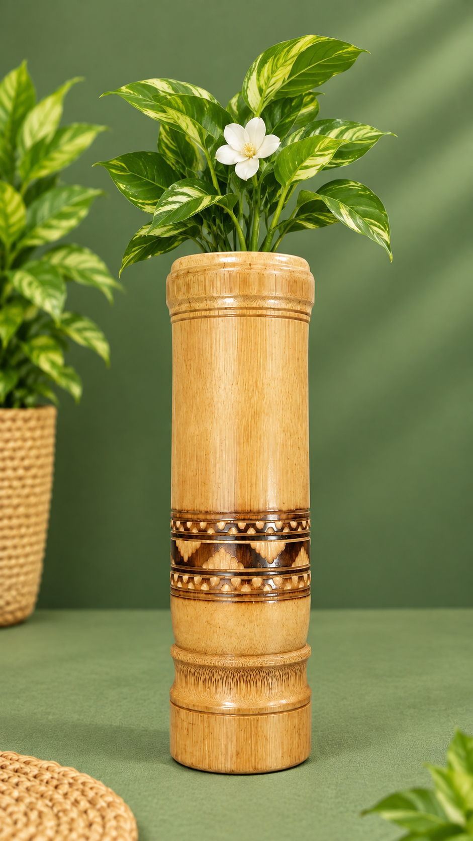 Handmade Bamboo Flower Pot with Decorative Carved Design Size: 12 × 4 inches
