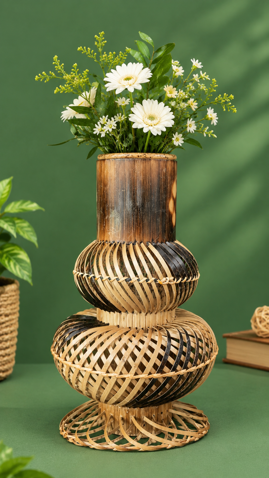 Handcrafted Woven Bamboo Flower Vase Decorative Rattan Plant Holder Boho Home Decor Size-11 x 6 Inch